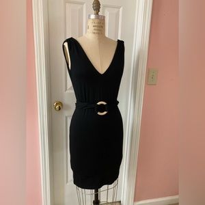 Dayo jet black knit fabric dress, lined, epaulet at shoulder, tie belt, size XS